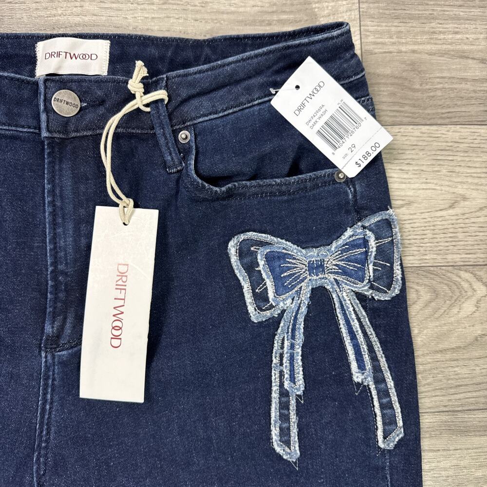 DRIFTWOOD Farrah Flare Denim Jeans Bow Patchwork Applique Dark Wash sz 29 - Picture 4 of 8